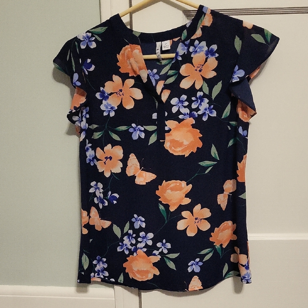 Elle Blue Flowered Blouse with Mandarin Collar